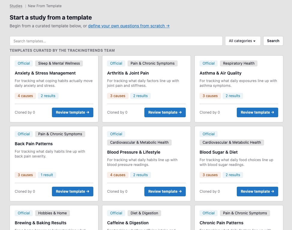 Template gallery — start a study from a curated template